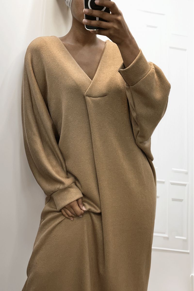 Long over size V-neck sweater dress Camel - 1