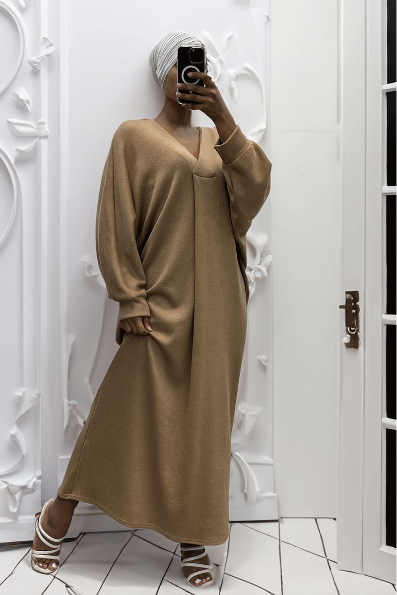 Long over size V-neck sweater dress Camel - 3