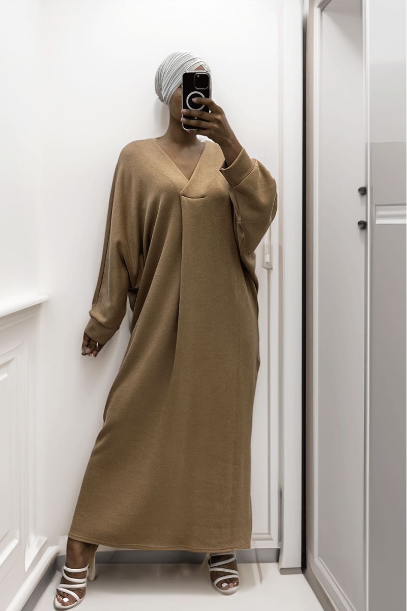 Long over size V-neck sweater dress Camel - 4