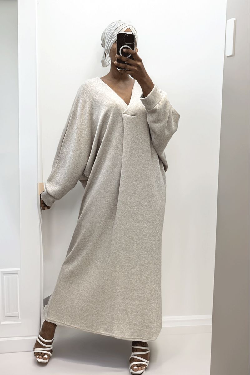 Long oversized beige V-neck sweater dress - 4 Long oversized beige V-neck sweater dress - 4