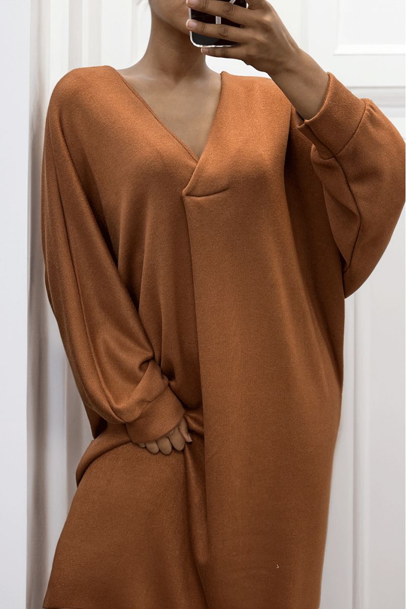 Longue robe pull over size col V cognac  - 1