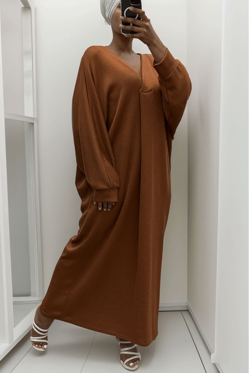 Longue robe pull over size col V cognac  - 2