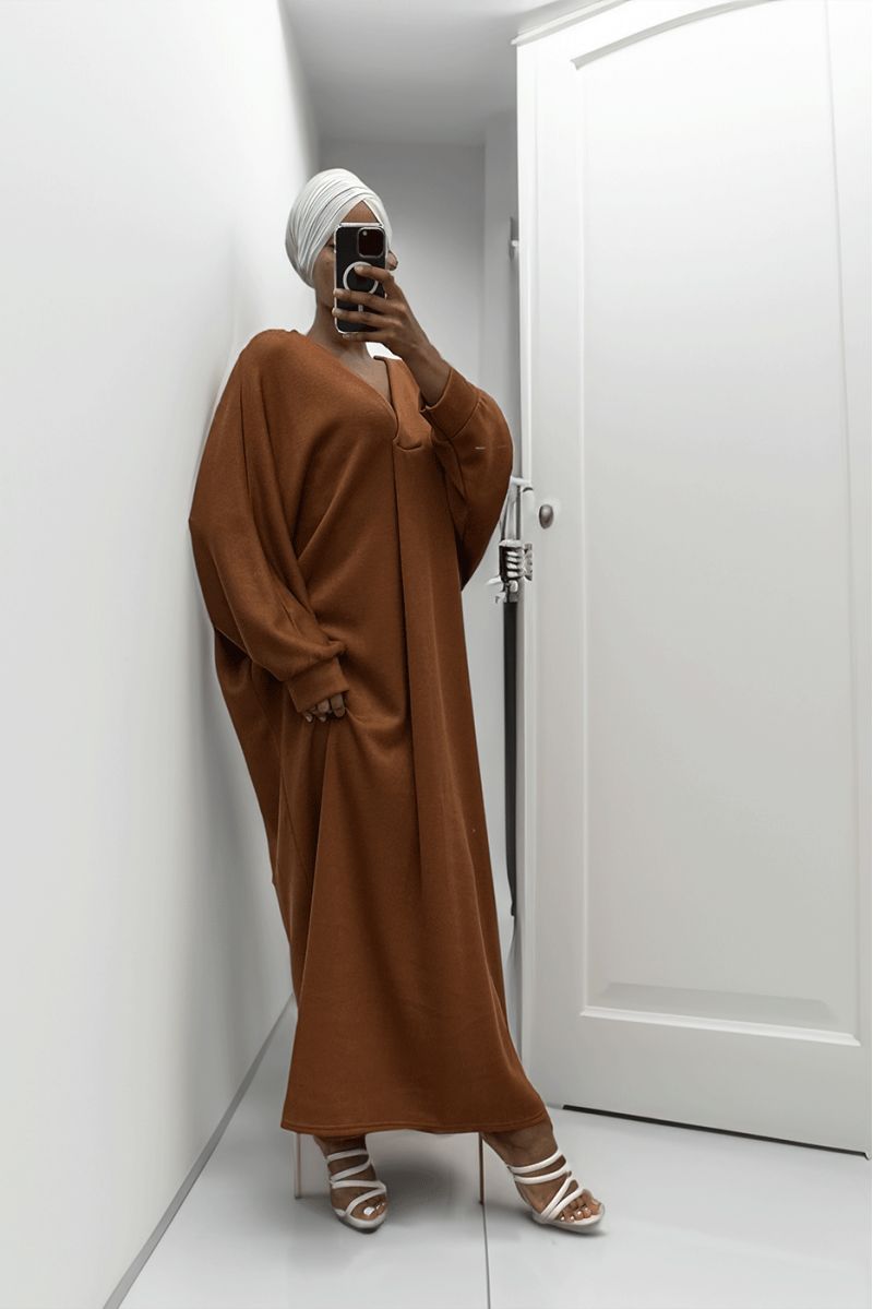 Long over size V-neck sweater dress in cognac - 3