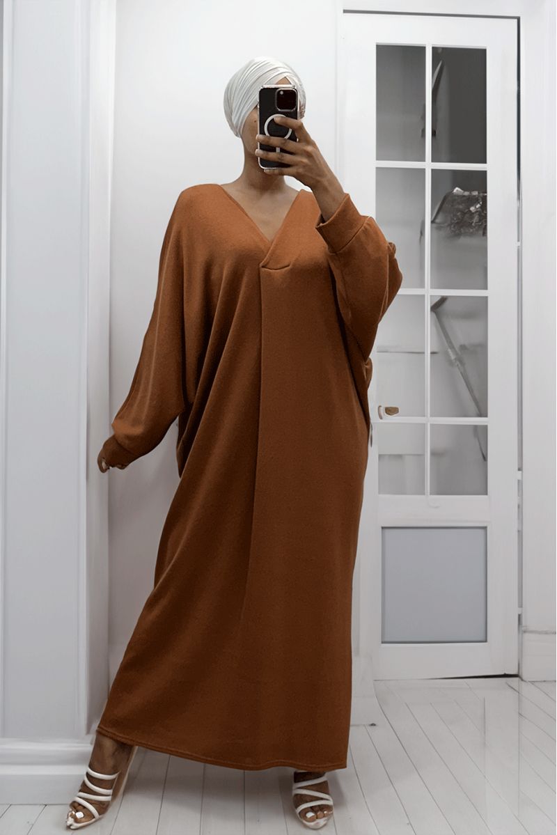 Longue robe pull over size col V cognac  - 4