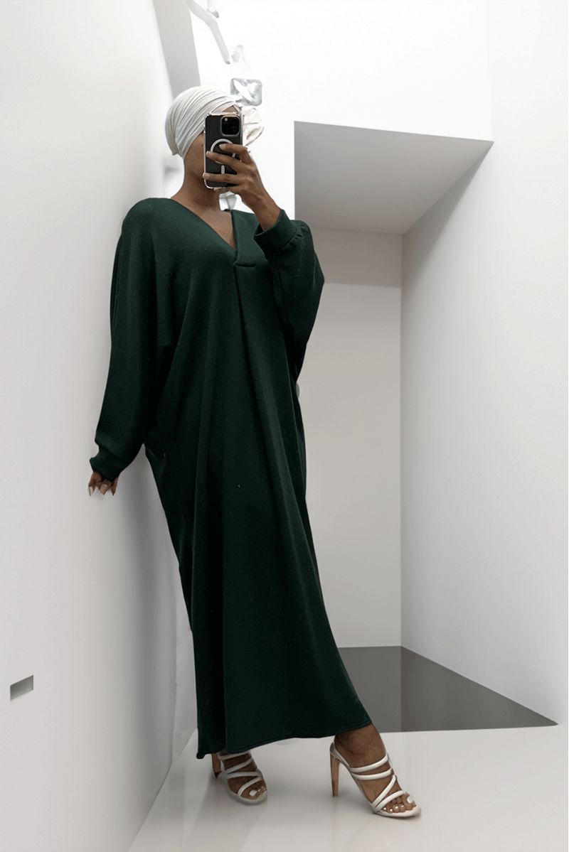 Long green V-neck oversized sweater dress - 1
