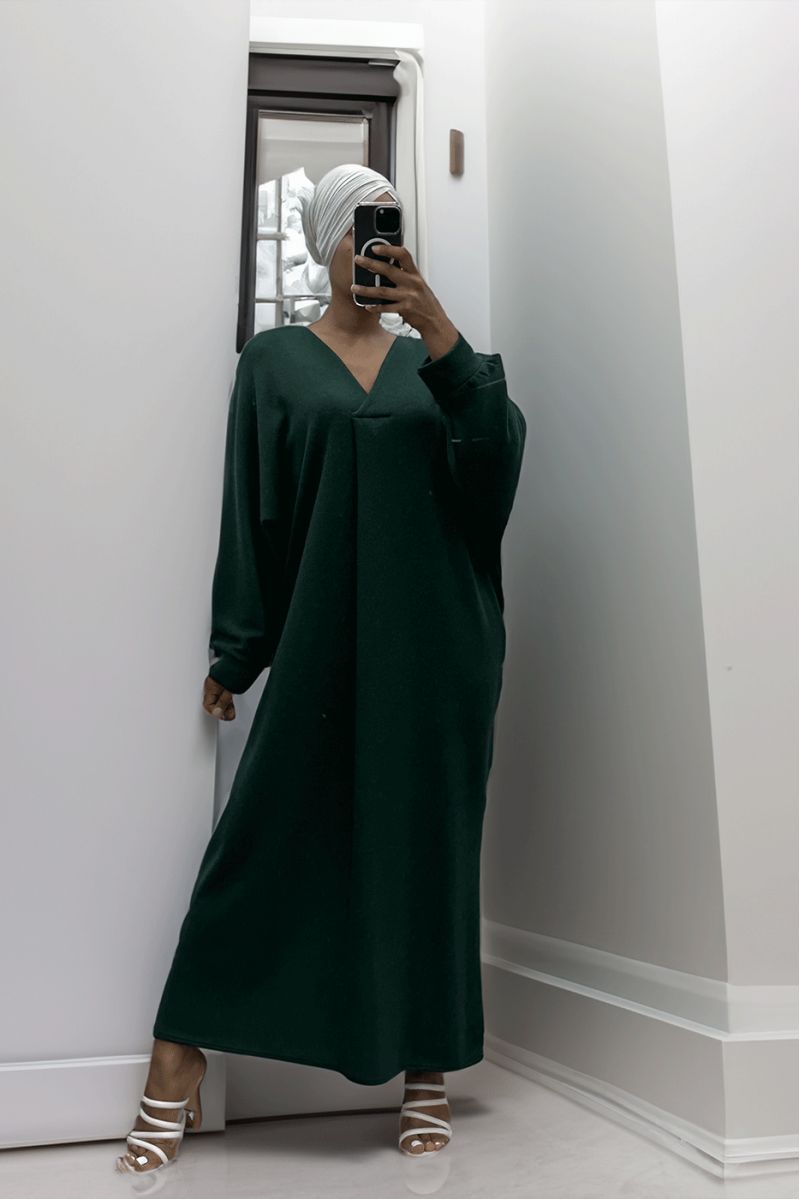 Long green V-neck oversized sweater dress - 2