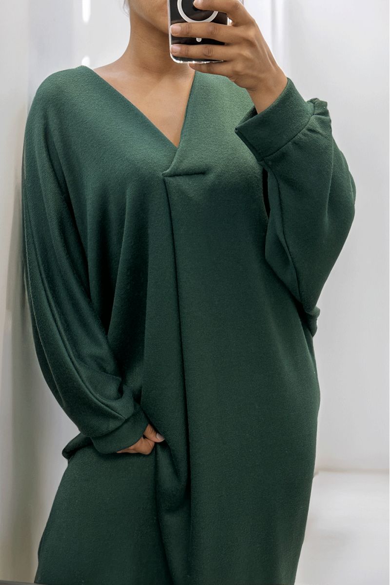 Lange groene oversized sweaterjurk met V-hals - 3