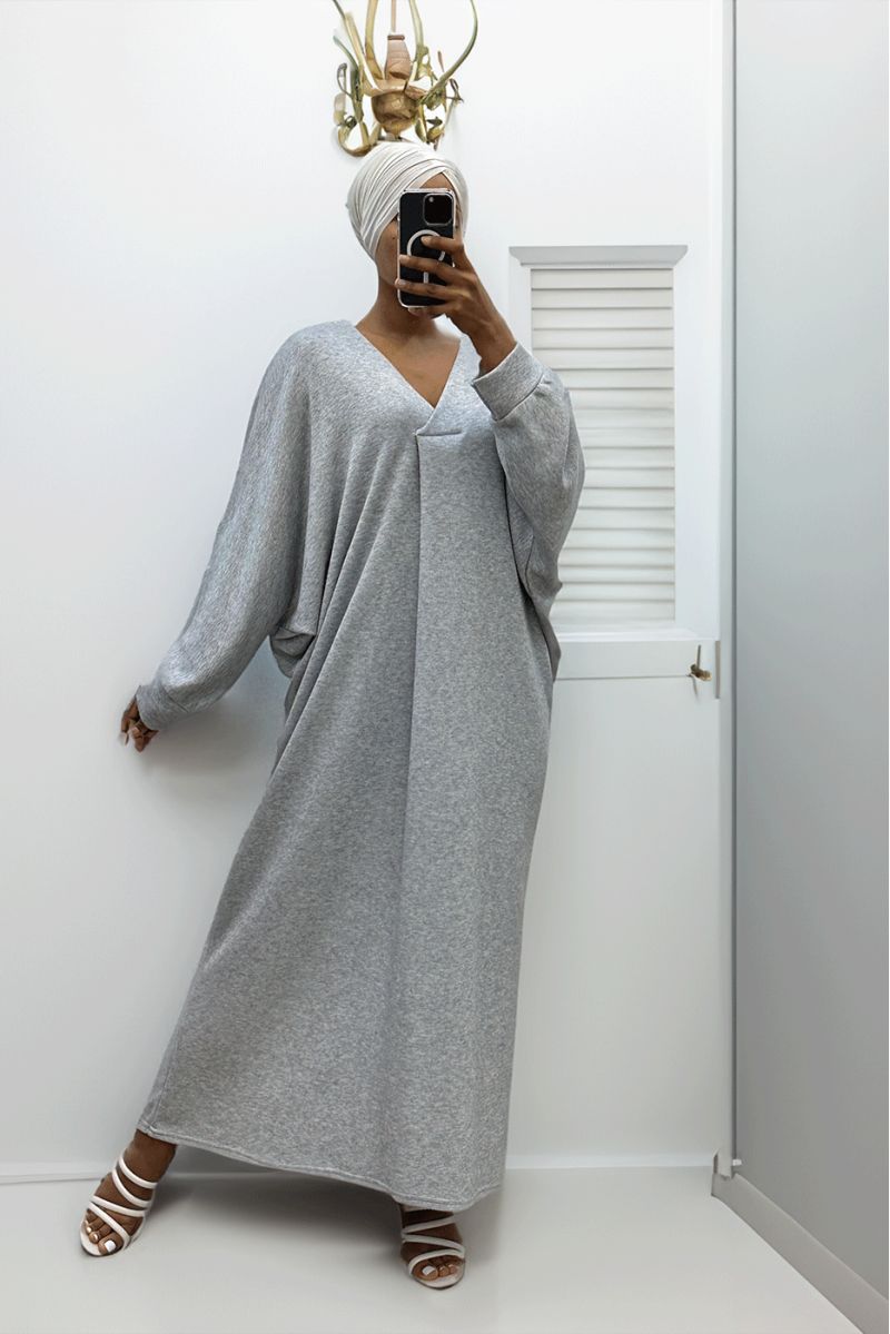 Lange grijze oversize sweaterjurk met V-hals - 3 Lange grijze oversize sweaterjurk met V-hals - 3