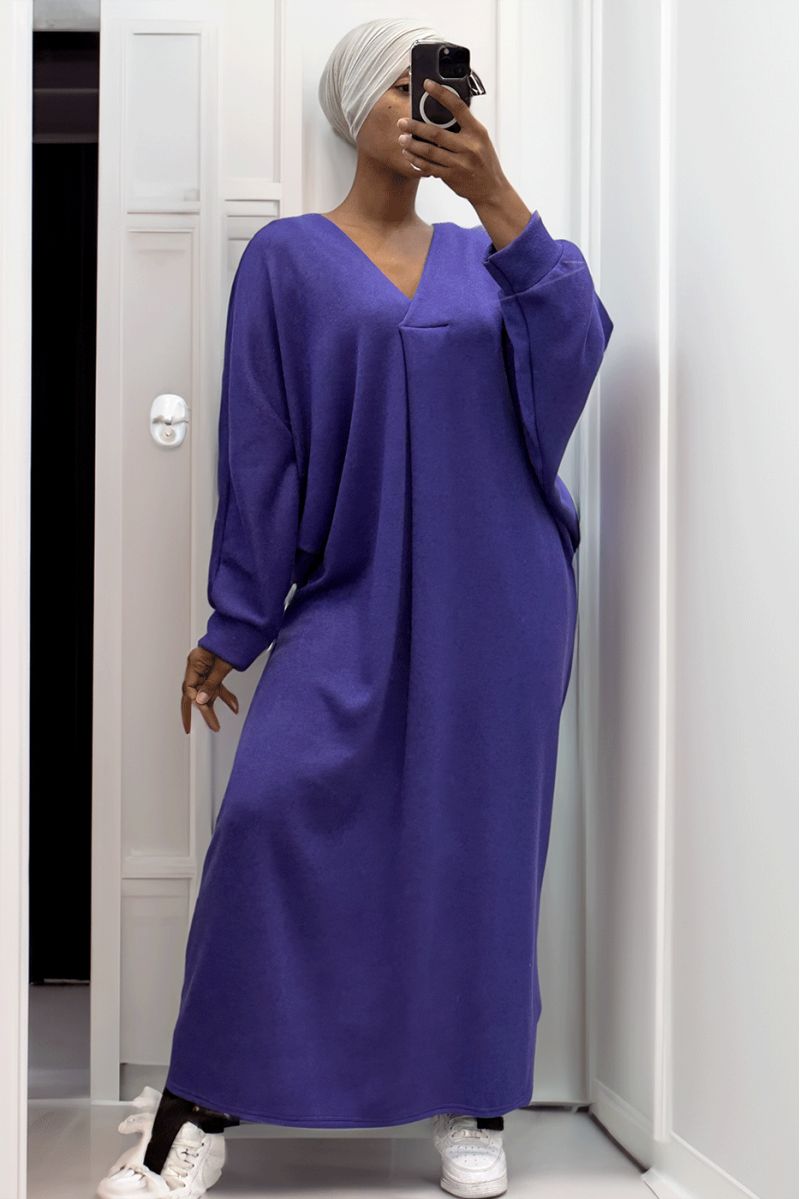 Lange paarse oversized trui-jurk met V-hals - 7