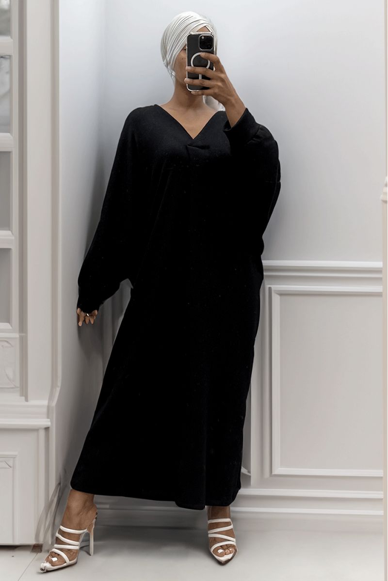 Lange zwarte oversized trui-jurk met V-hals - 2