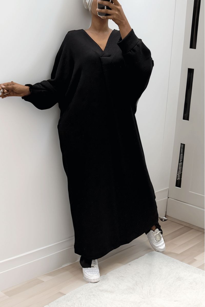 Longue robe pull over size col V noir  - 5