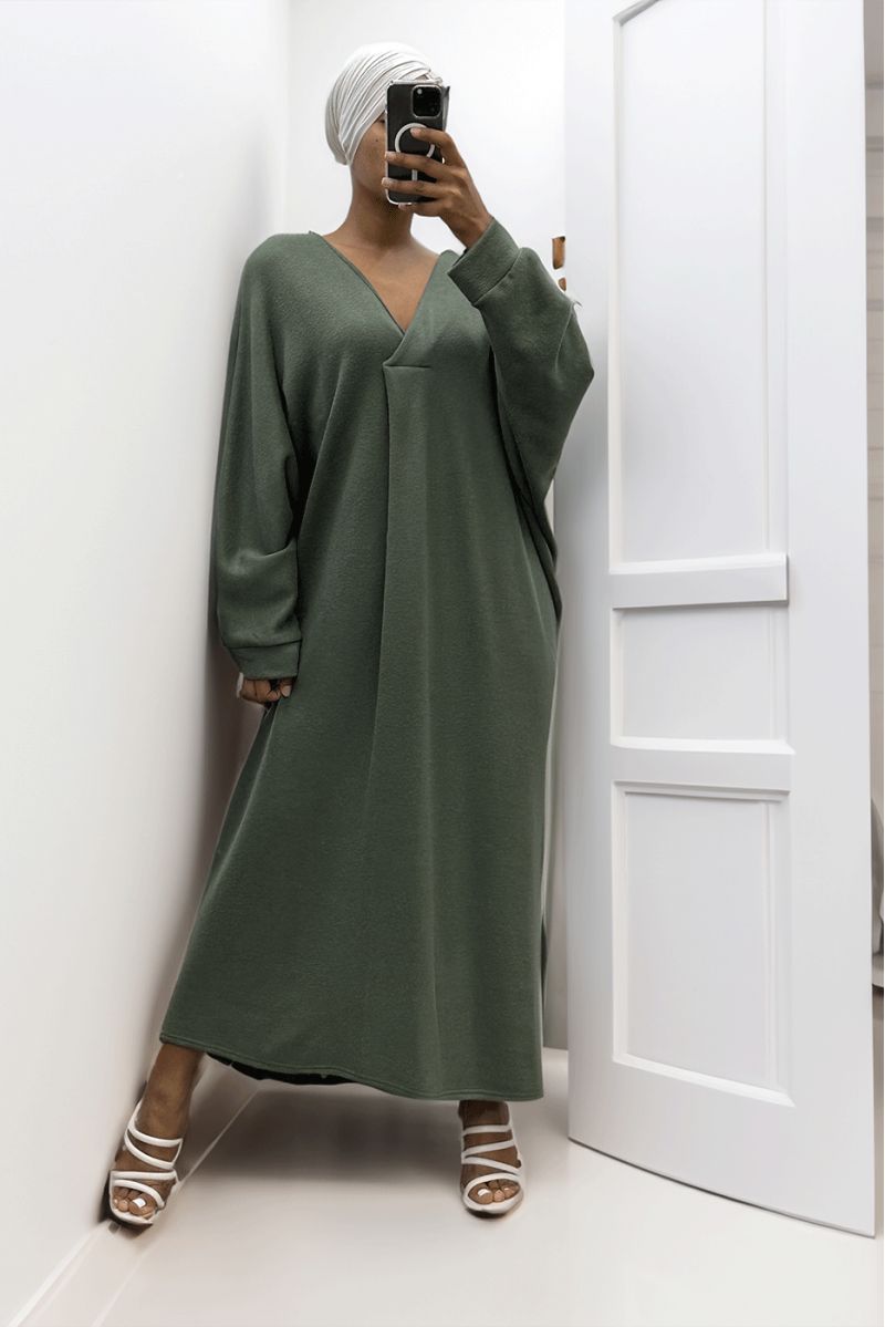 Long khaki over size V-neck sweater dress - 4