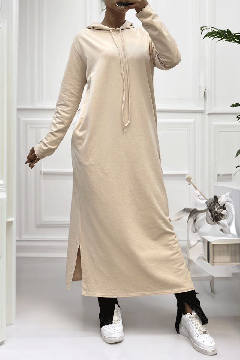 Long beige abaya sweatshirt dress with hood - 1