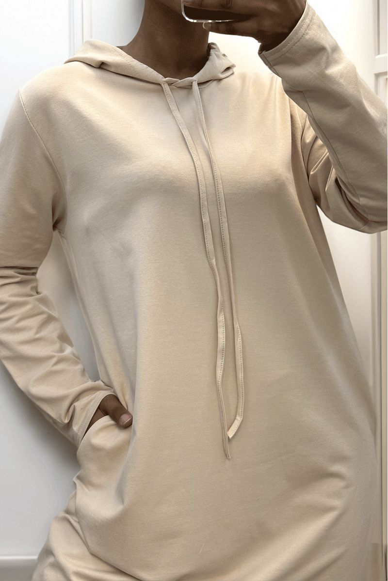 Long beige abaya sweatshirt dress with hood - 2