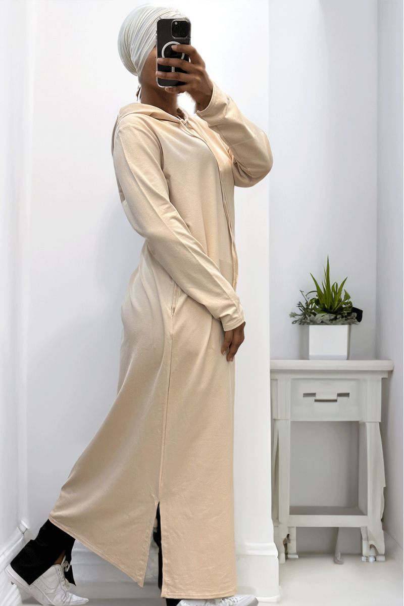 Long beige abaya sweatshirt dress with hood - 3