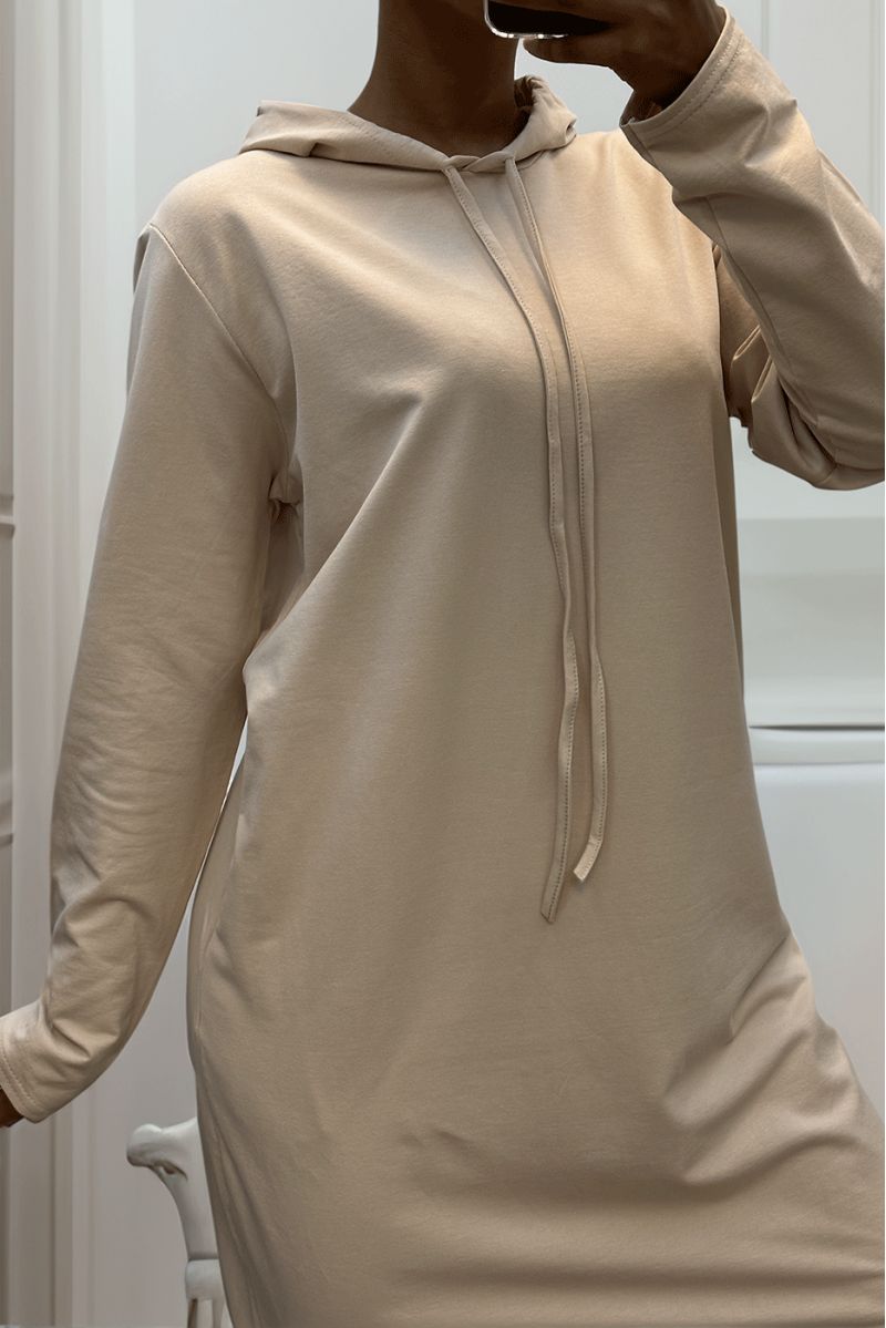 Long beige abaya sweatshirt dress with hood - 4