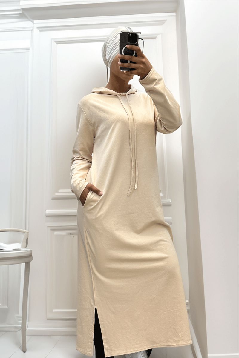Long beige abaya sweatshirt dress with hood - 5