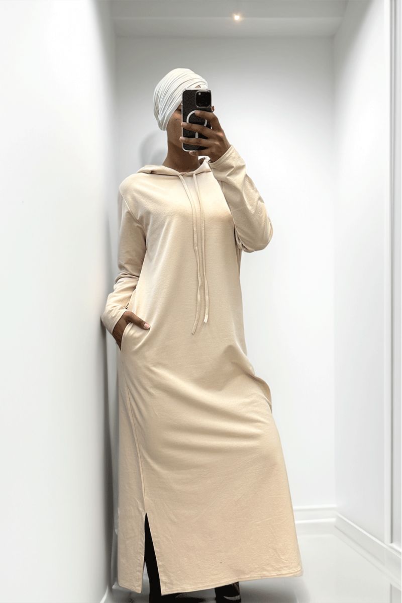 Longue robe sweat abaya beige à capuche - 6