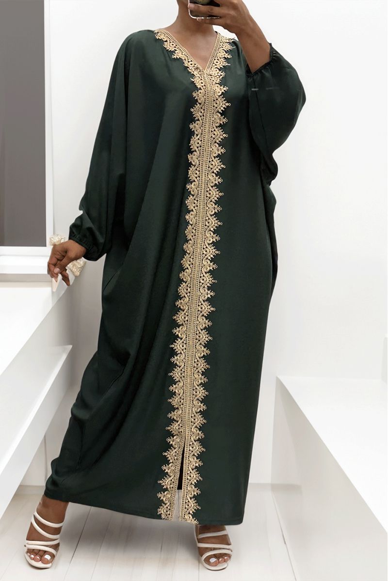 Long green over size abaya with pretty lace - 4