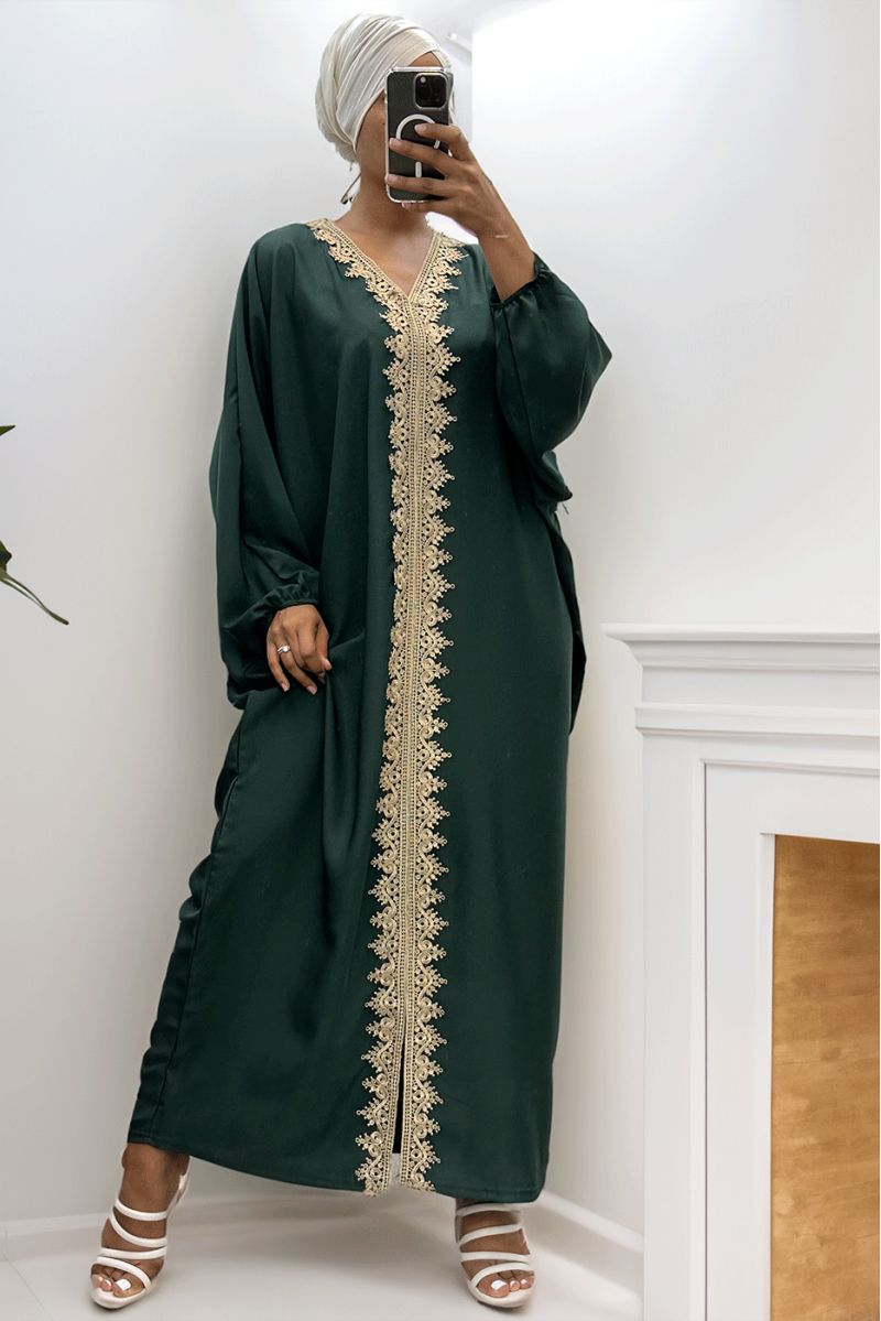 Longue abaya verte over size avec une jolie dentelle - 5