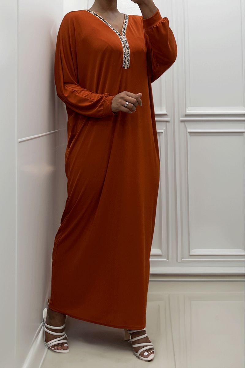 Cognac abaya with rhinestone neckline and long sleeves - 2