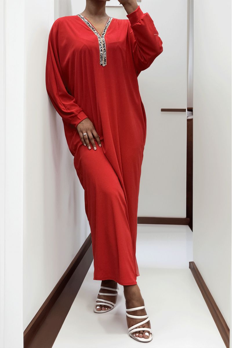Red abaya with rhinestone neckline and long sleeves - 1