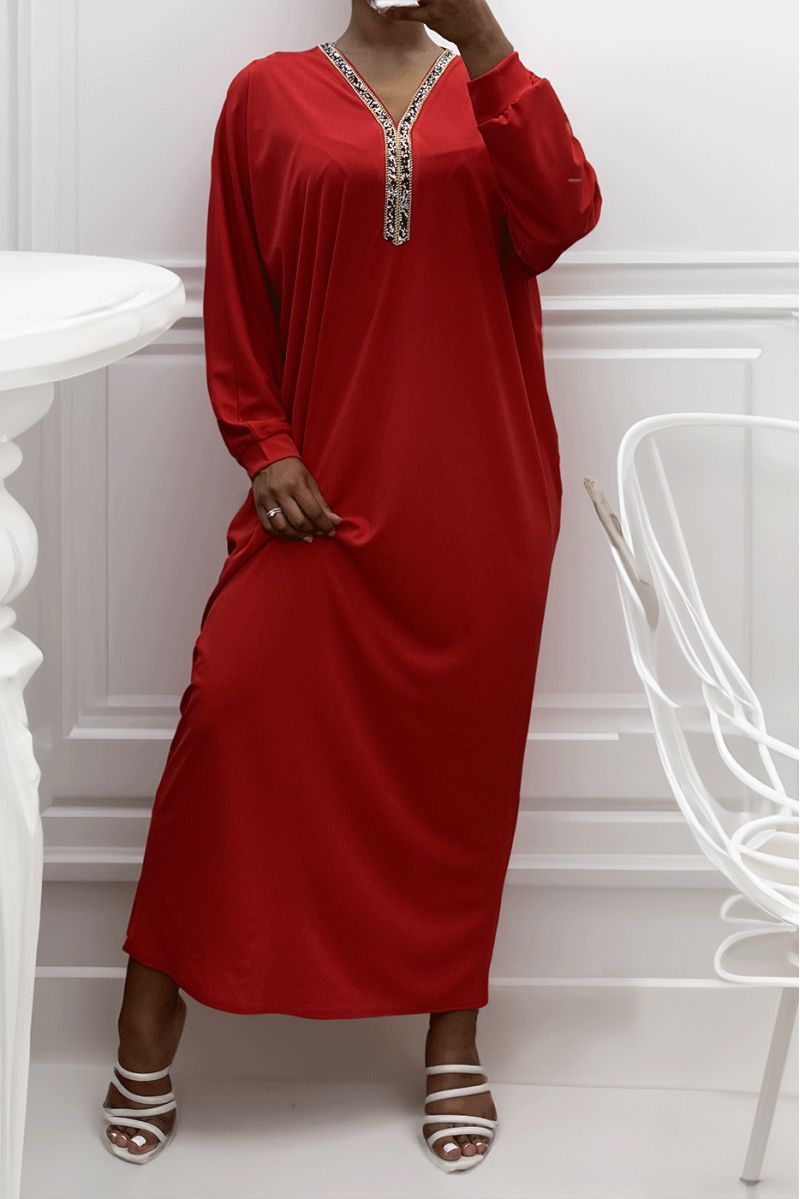 Red abaya with rhinestone neckline and long sleeves - 2