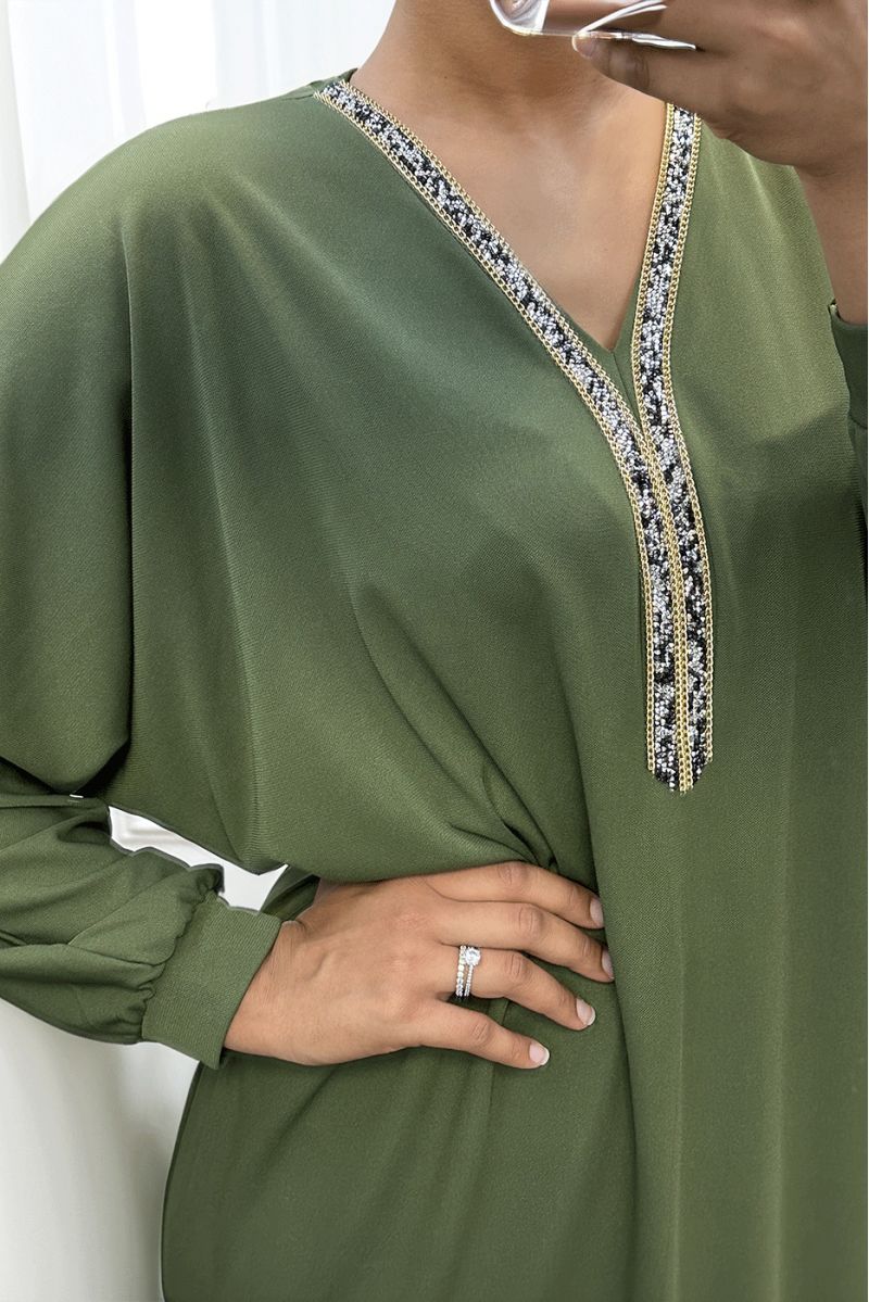 Khaki abaya with rhinestone neckline and long sleeves - 1