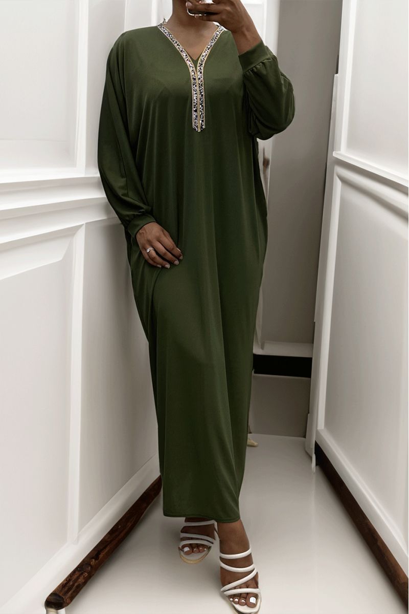 Khaki abaya with rhinestone neckline and long sleeves - 2