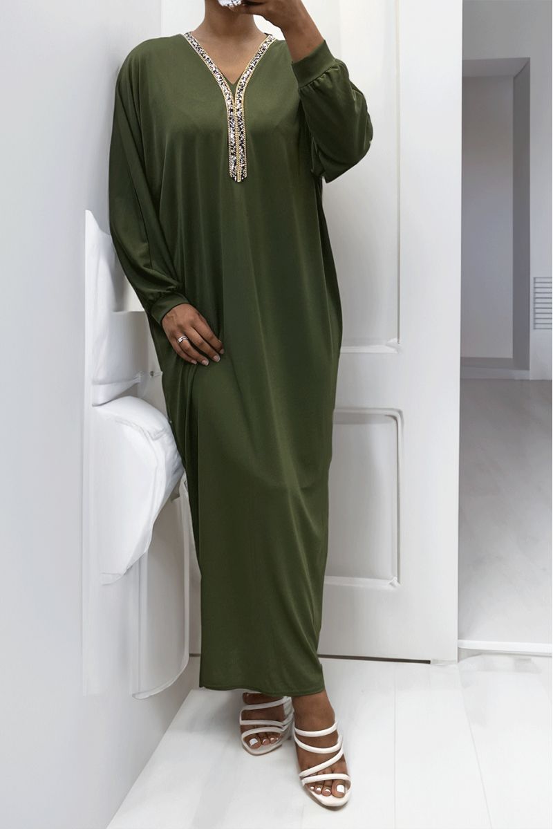 Khaki abaya with rhinestone neckline and long sleeves - 3