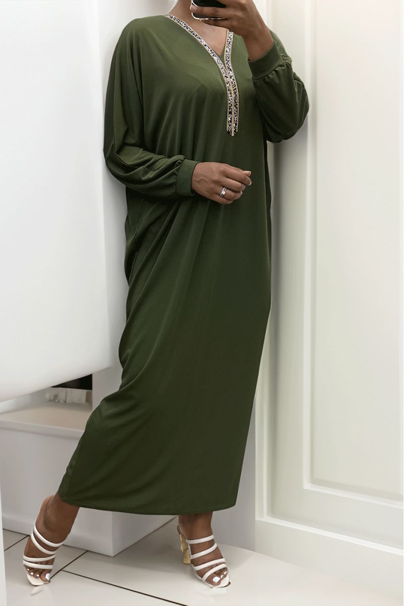 Khaki abaya with rhinestone neckline and long sleeves - 4