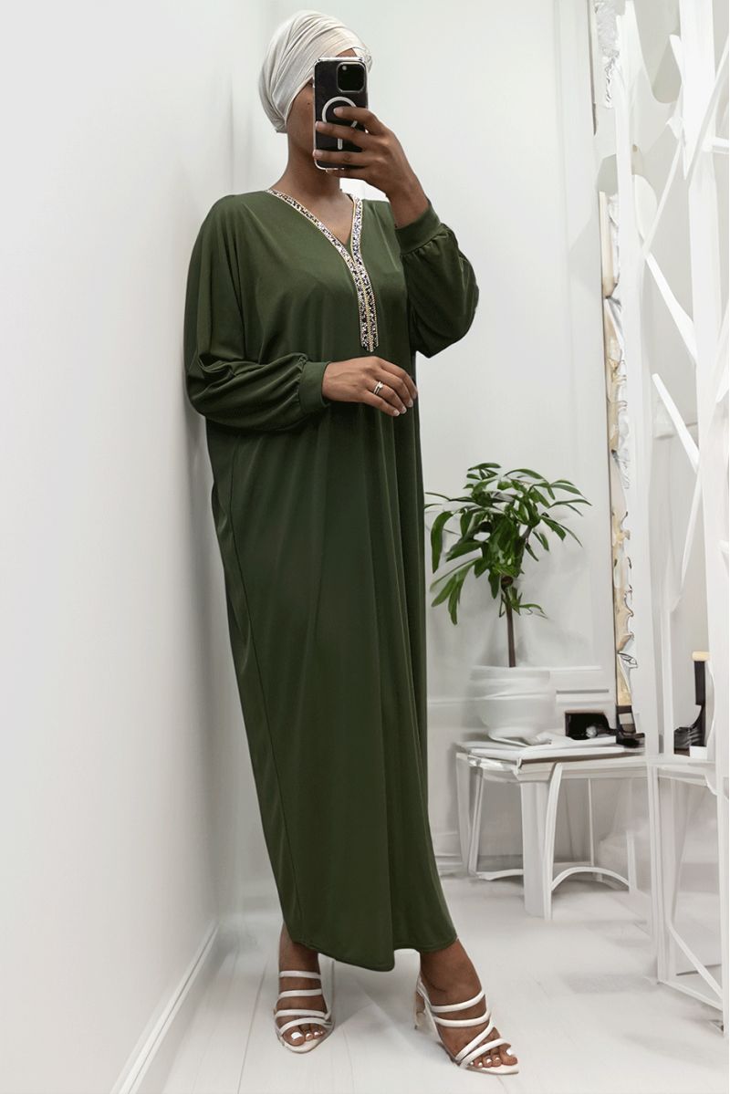 Kaki abaya met strass halslijn en lange mouwen - 5