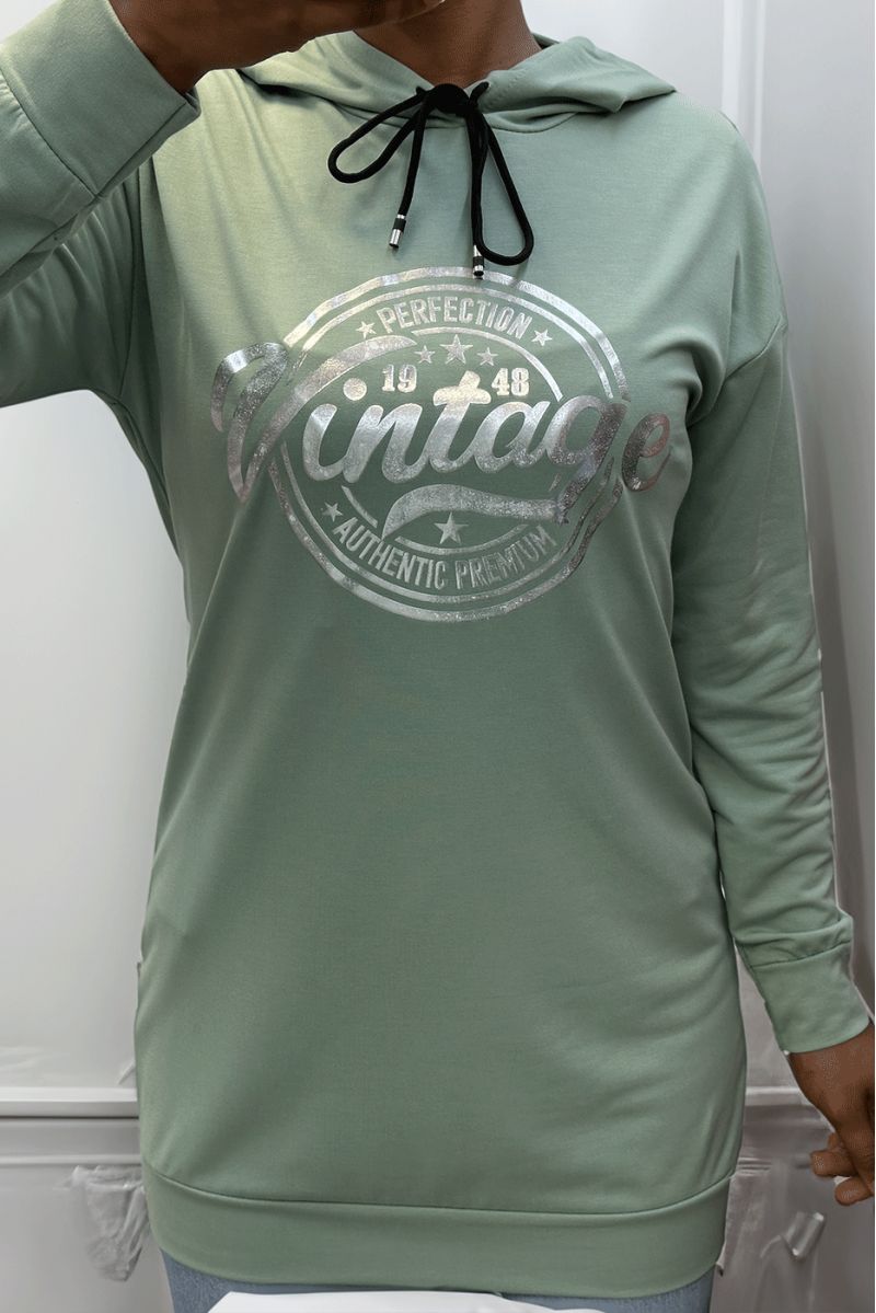 Sweat à capuche vert avec écriture VINTAGE à l'avant - 1