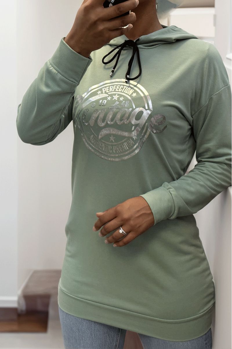 Groene hoodie met VINTAGE-opschrift op de voorkant - 2