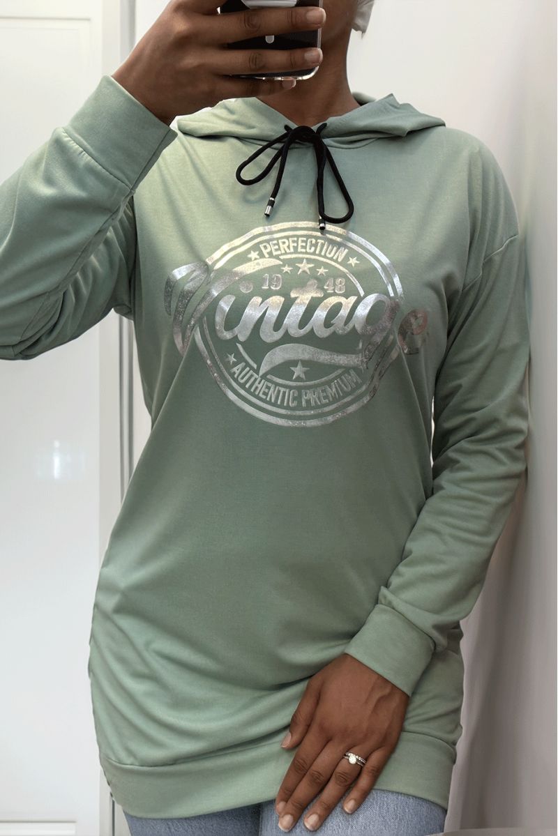 Sweat à capuche vert avec écriture VINTAGE à l'avant - 3