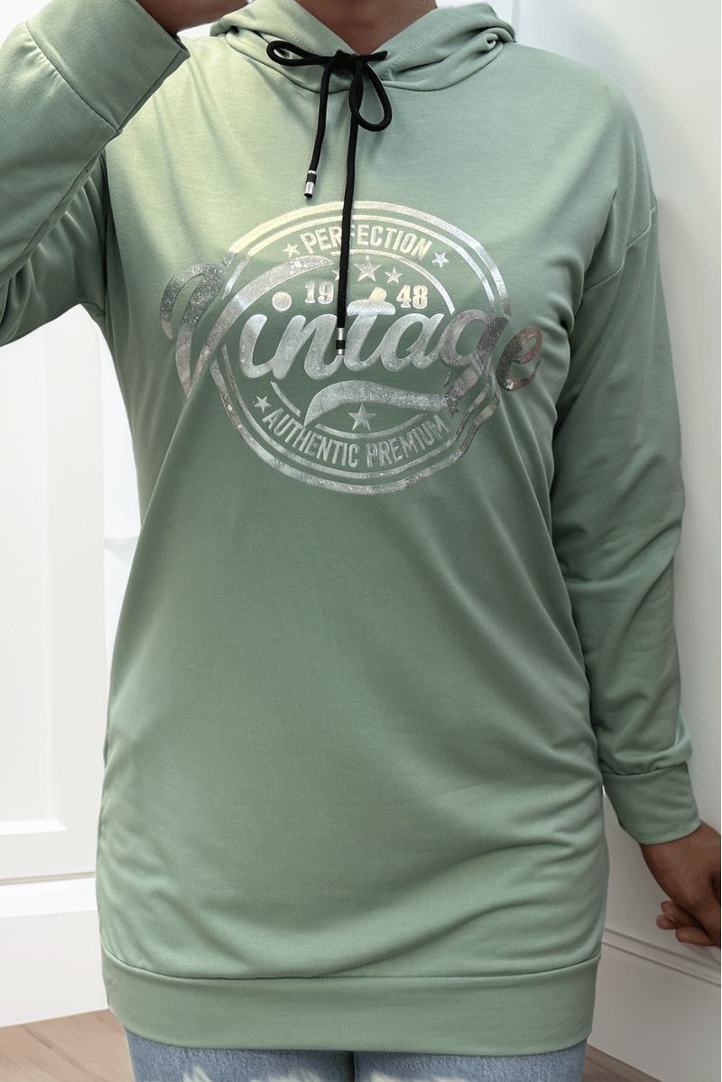 Sweat à capuche vert avec écriture VINTAGE à l'avant - 4