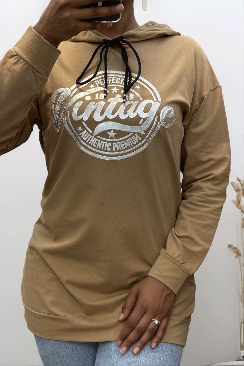 Camelkleurig sweatshirt met capuchon en VINTAGE-opschrift op de voorkant - 2