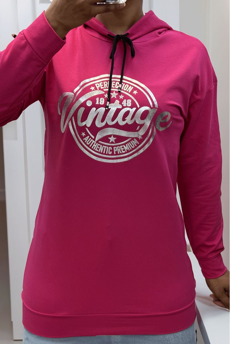 Sweat à capuche fuchsia avec écriture VINTAGE à l'avant - 3