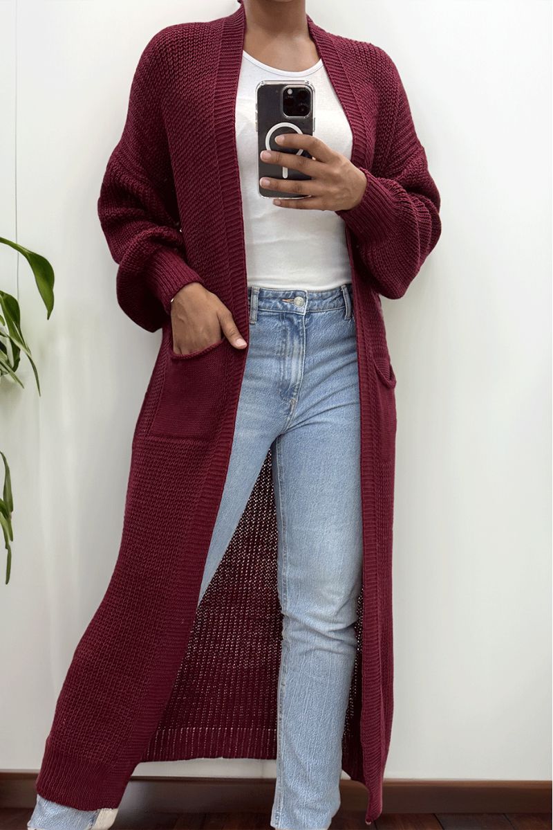 Long burgundy cardigan with chunky knit puff sleeves - 1