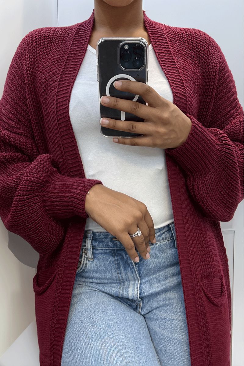 Long burgundy cardigan with chunky knit puff sleeves - 2