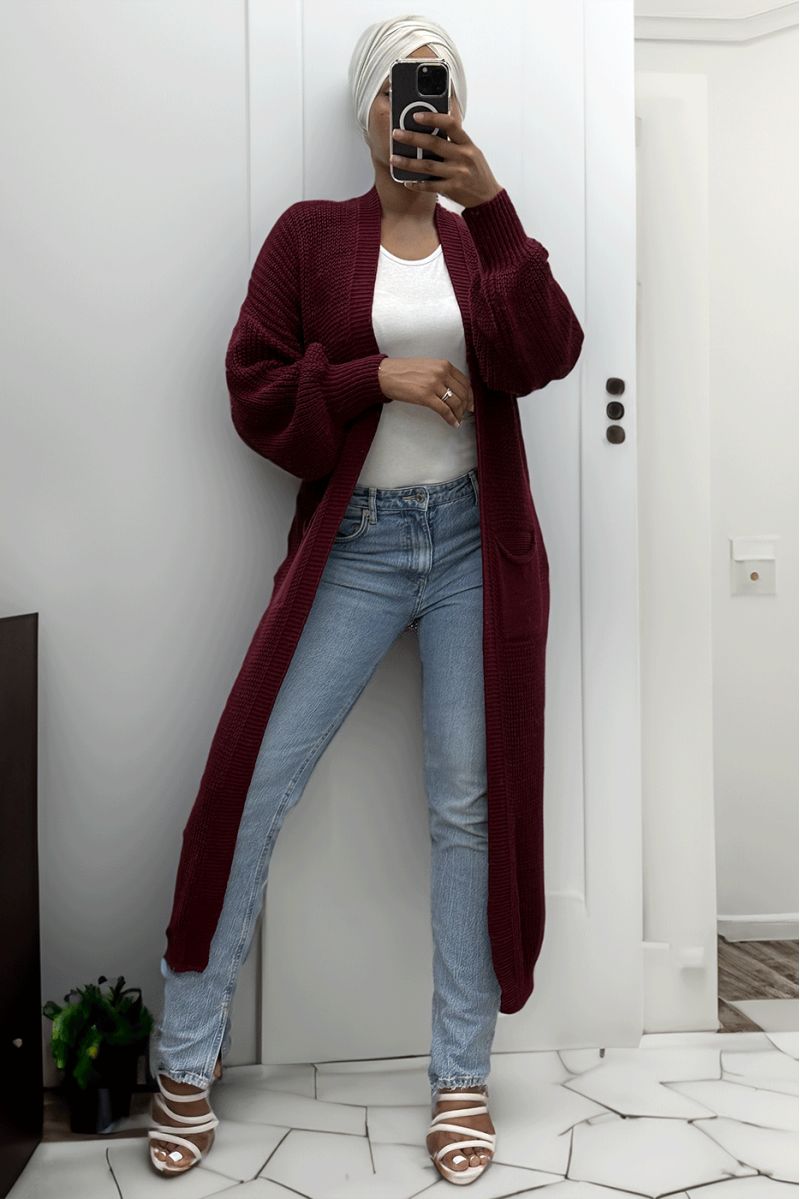 Long burgundy cardigan with chunky knit puff sleeves - 3