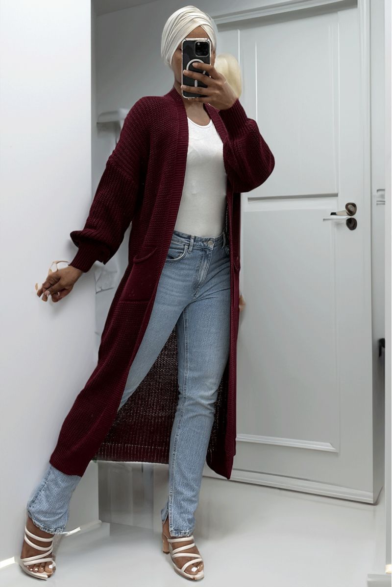 Long burgundy cardigan with chunky knit puff sleeves - 4