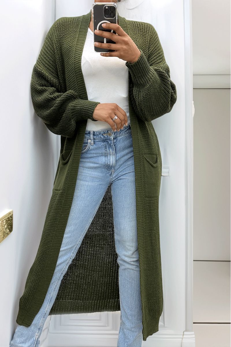 Long khaki cardigan with chunky knit puff sleeves - 1