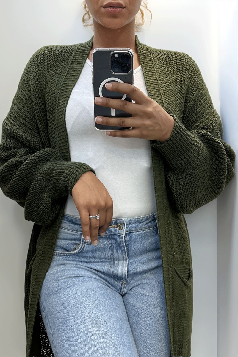 Long khaki cardigan with chunky knit puff sleeves - 2