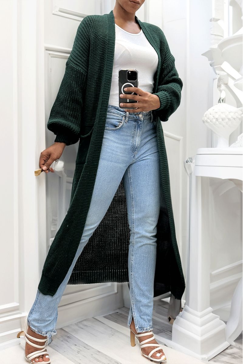 Long pine green cardigan with large knit puff sleeves - 1