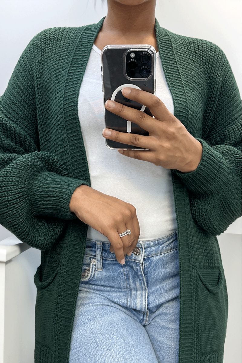Long pine green cardigan with large knit puff sleeves - 2
