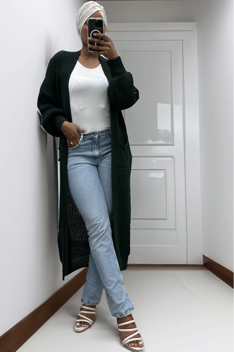 Long pine green cardigan with large knit puff sleeves - 5