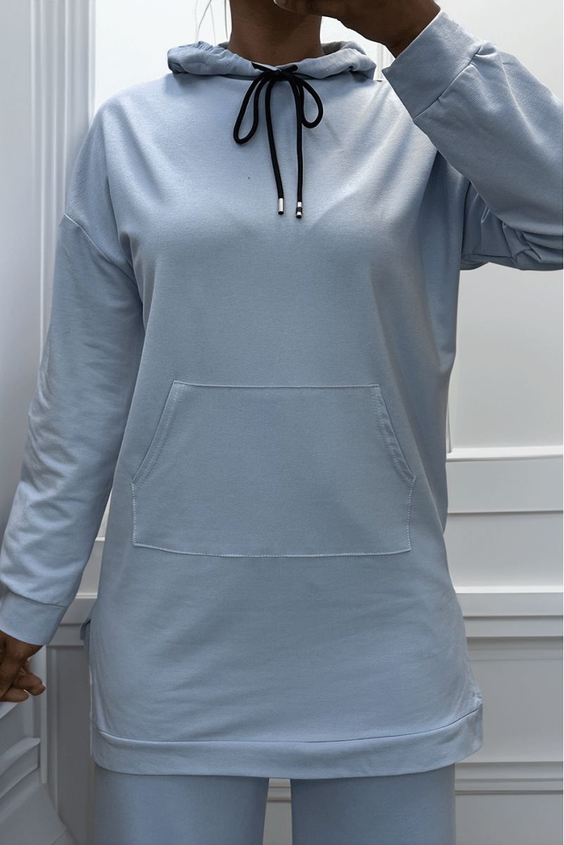 Long turquoise hoodie with cotton pockets - 2