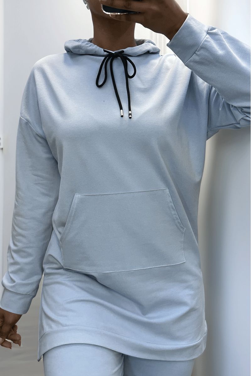 Long turquoise hoodie with cotton pockets - 3