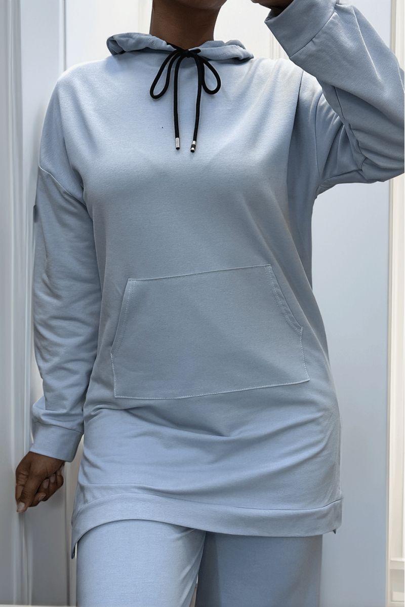 Long turquoise hoodie with cotton pockets - 5